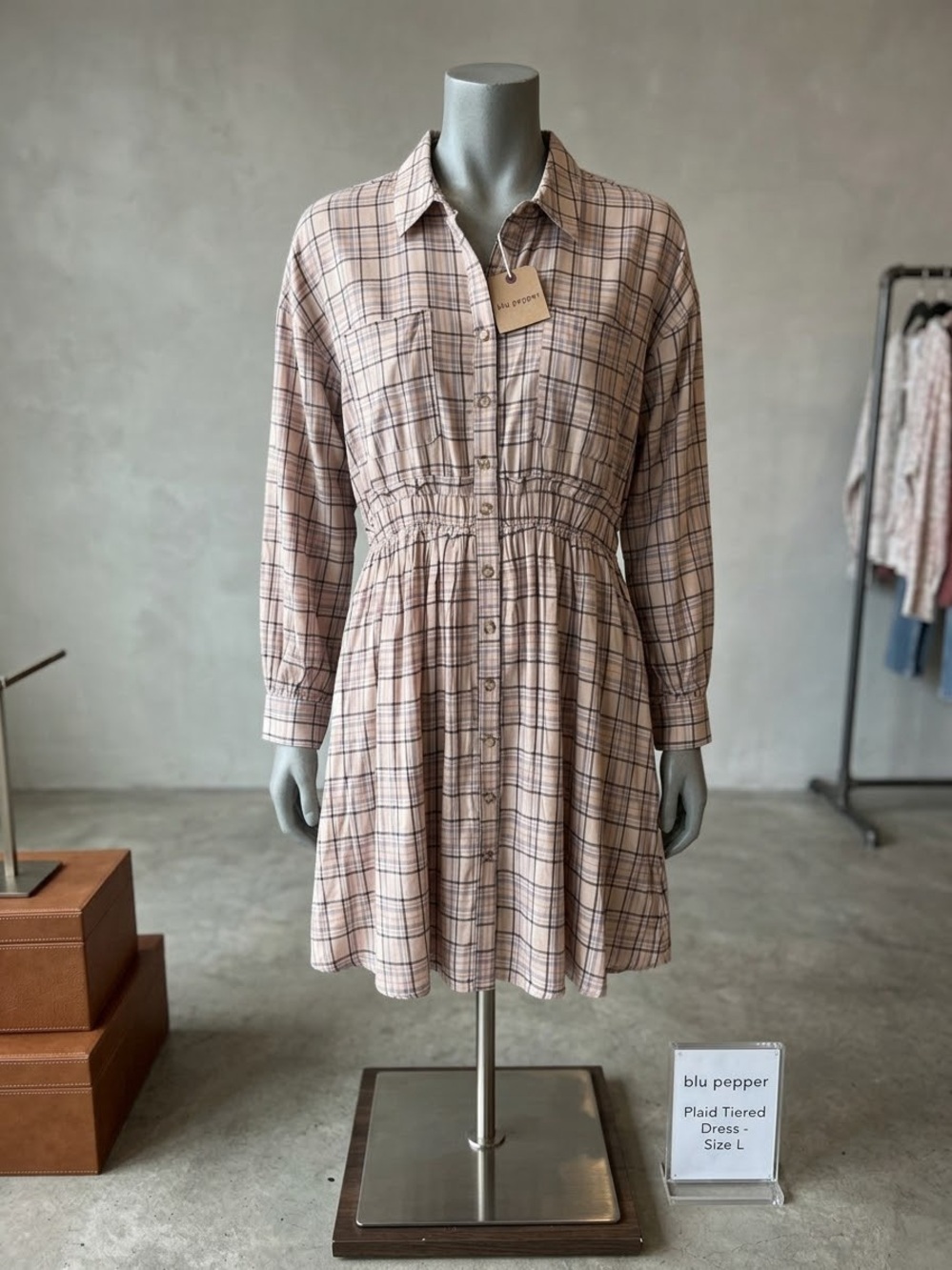 Blu Pepper Blush Plaid Tiered Long-Sleeve Shirt Dress